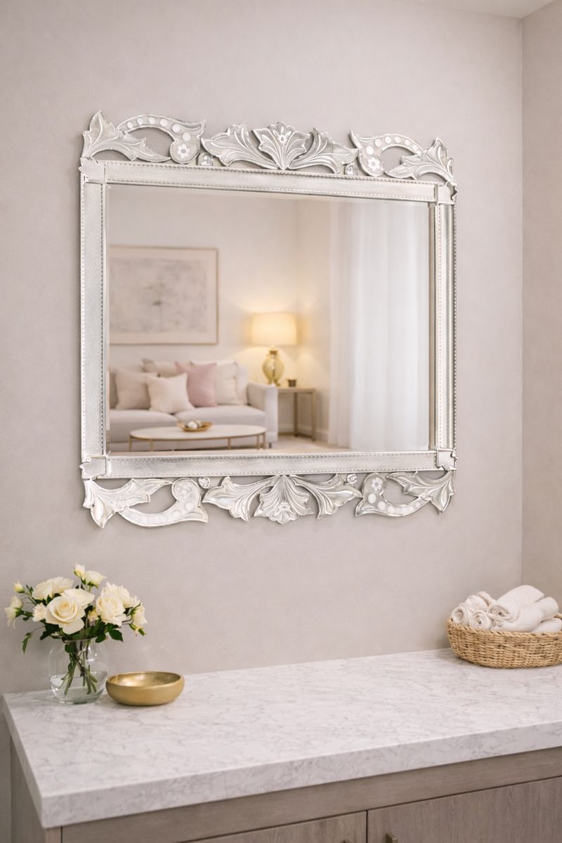 Handmade Silver Glass Rectangular Venetian Mirror With Etching thumbnail